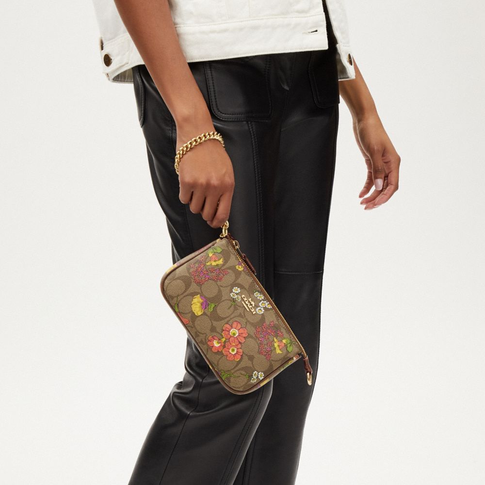 COACH®,Nolita 19 In Signature Canvas With Floral Print,Canvas,Wristlet,Shoulder Bag,Logo,Gold Metal,Casual,Day Party,Brown,Detail View