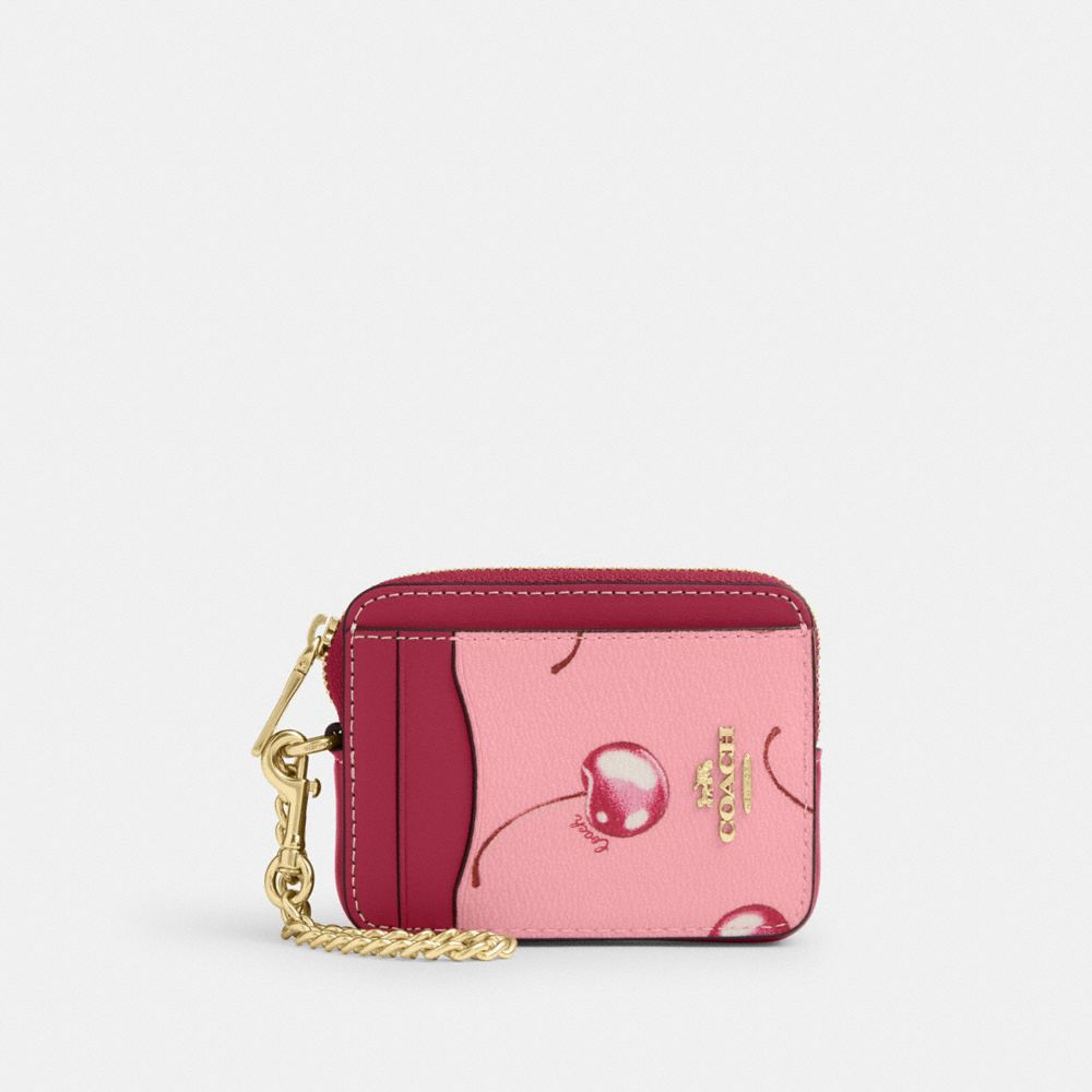 COACH®,ZIP CARD CASE WITH CHERRY PRINT,pvc,Im/Flower Pink/Bright Violet,Front View