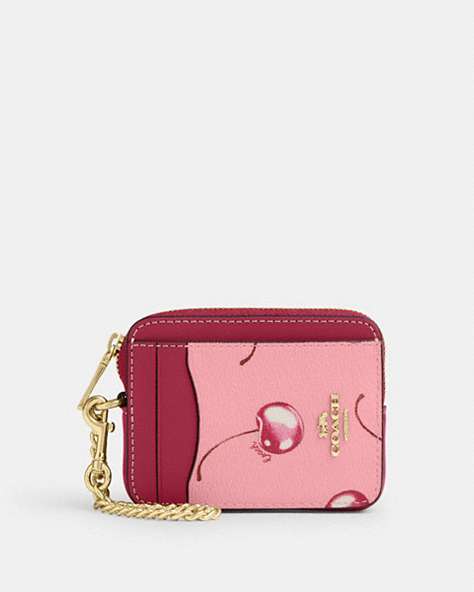 COACH®,ZIP CARD CASE WITH CHERRY PRINT,pvc,Im/Flower Pink/Bright Violet,Front View