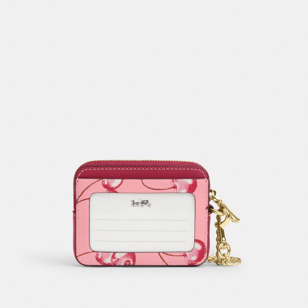 COACH®,Zip Card Case With Cherry Print,Leather,Card Case,Metal,Color Block,Logo,Gold Metal,Casual,Pink,Back View