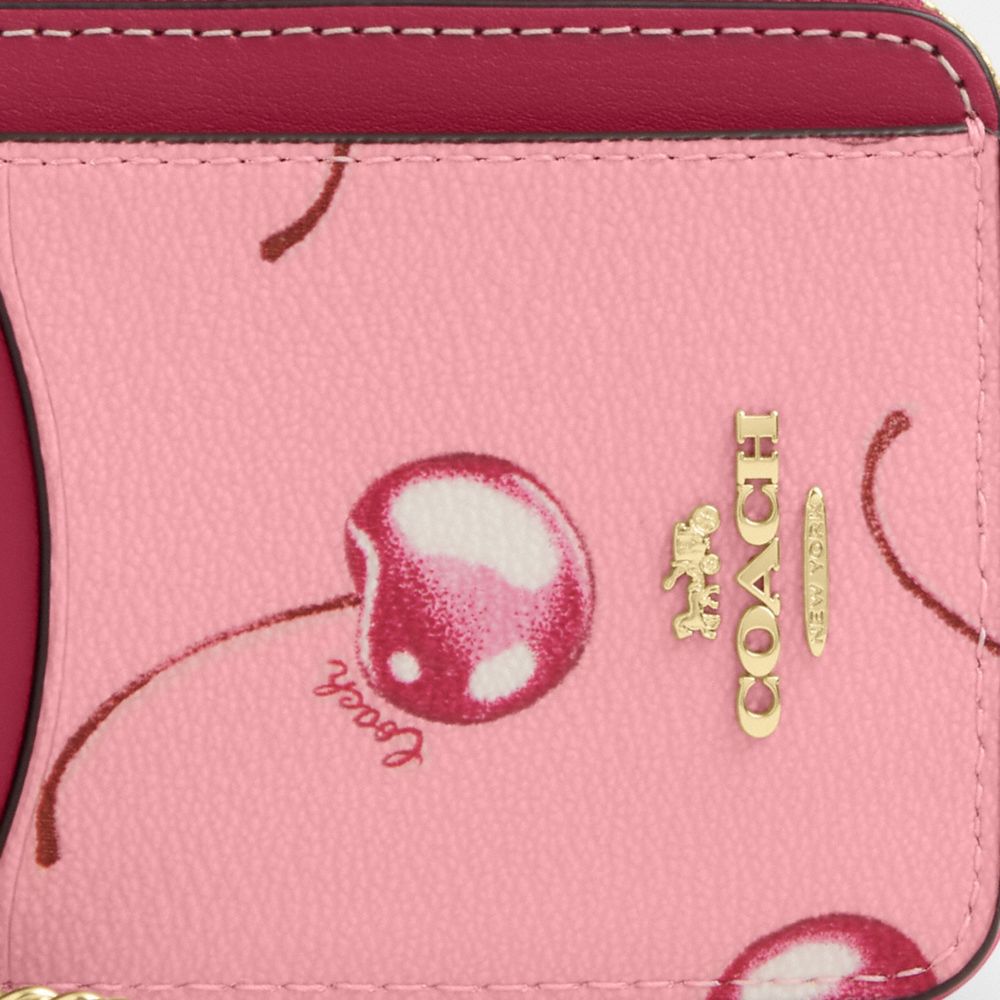 COACH®,ÉTUI-CARTES À ZIP AVEC IMPRIMÉ CERISE,pvc,Im/Rose fleur/Violet vif