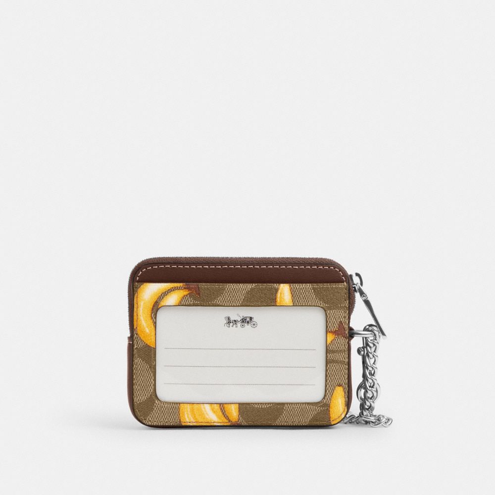 COACH®,ZIP CARD CASE IN SIGNATURE CANVAS WITH BANANA PRINT,Signature Canvas,Mini,Silver/Khaki/Dark Saddle,Back View