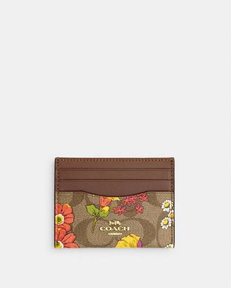 COACH®,SLIM ID CARD CASE IN SIGNATURE CANVAS WITH FLORAL PRINT,pvc,Gold/Khaki Multi,Front View