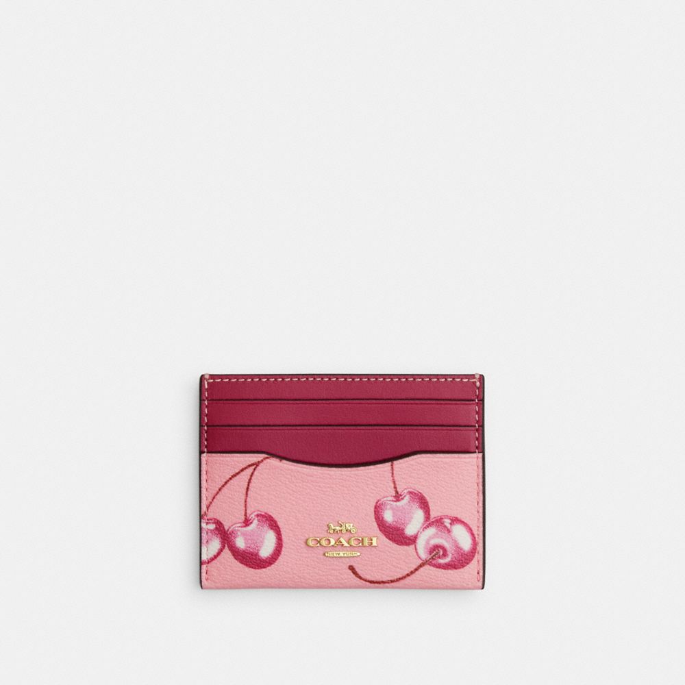 COACH®,SLIM ID CARD CASE WITH CHERRY PRINT,Novelty Print,Im/Flower Pink/Bright Violet,Front View image number 0