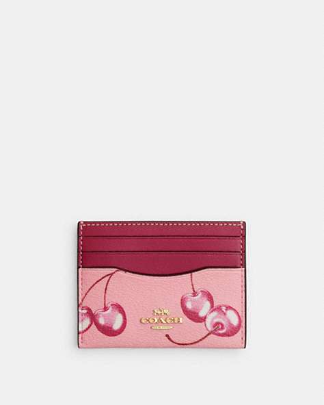 COACH®,SLIM ID CARD CASE WITH CHERRY PRINT,pvc,Im/Flower Pink/Bright Violet,Front View