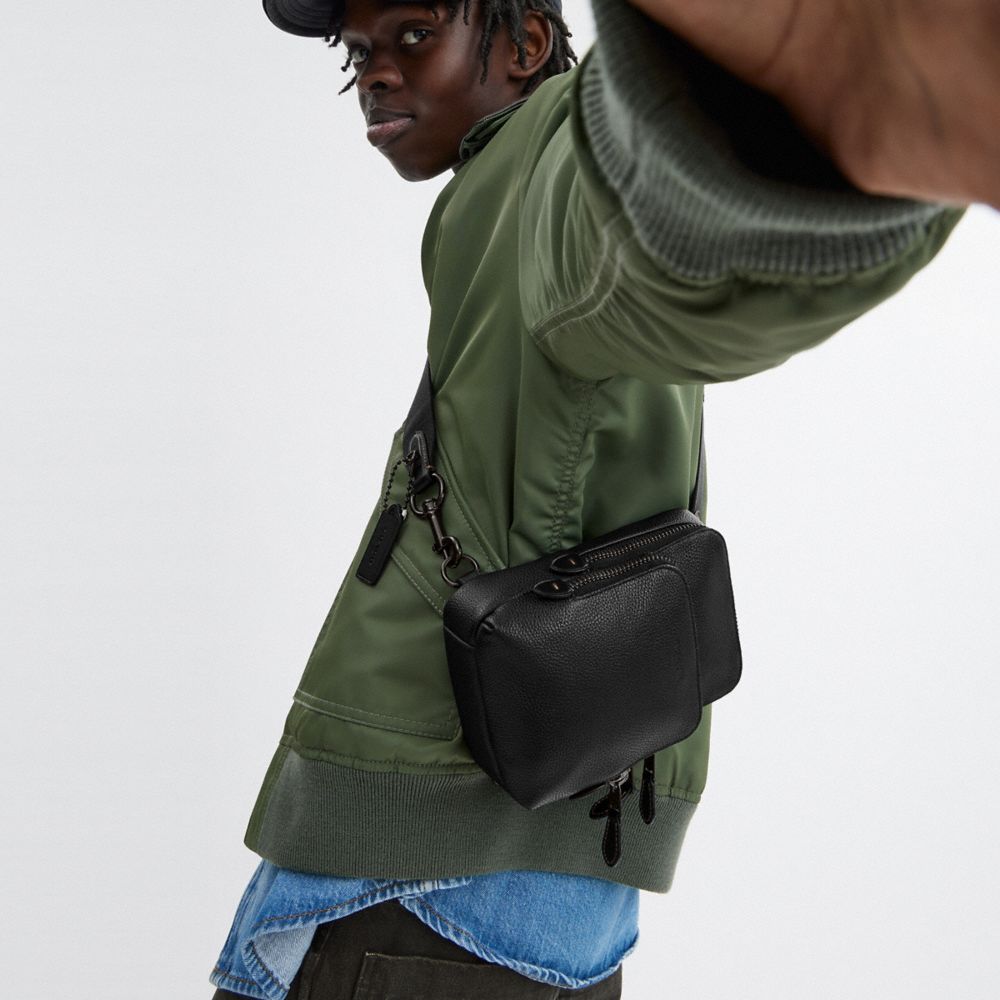 COACH®,Gotham Sling Pack 13,Leather,Calfskin Leather,Slingback,Embossed,Logo,Adjustable,Casual,Black,Detail View