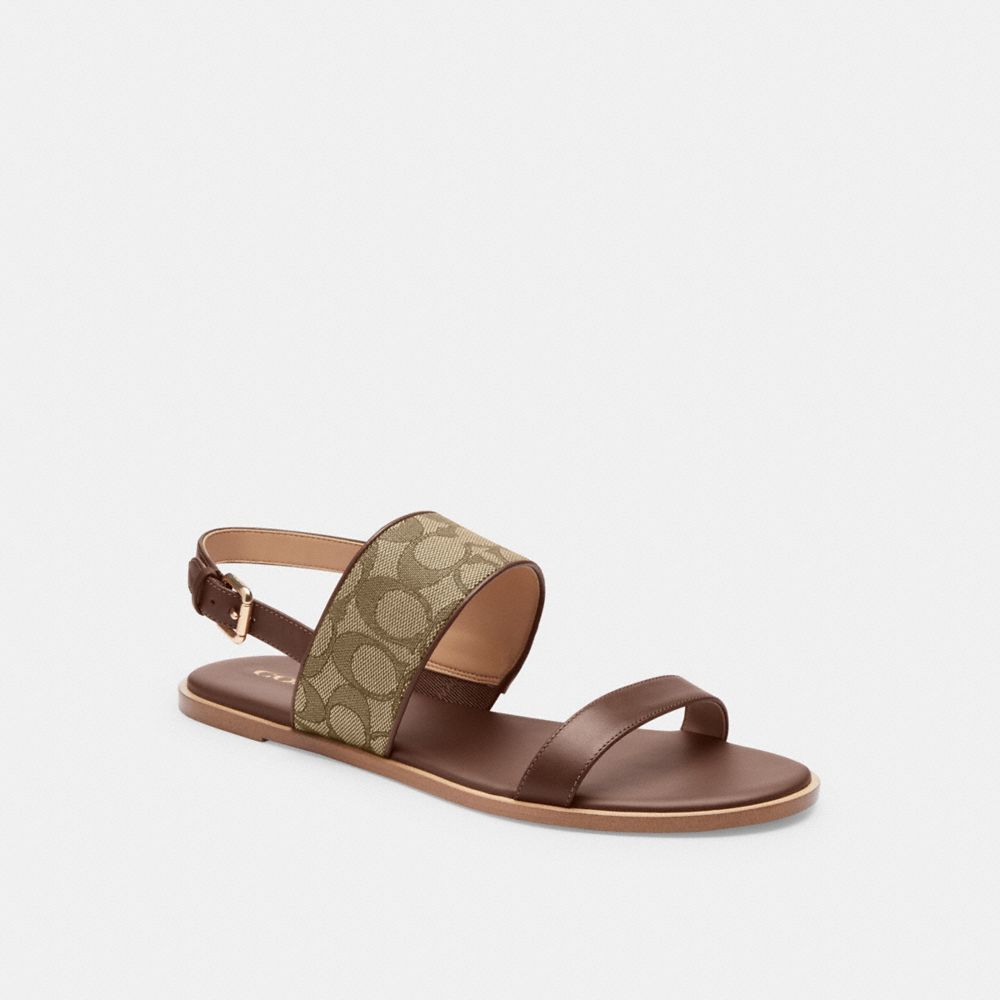 COACH®,HARLEY SANDAL IN SIGNATURE JACQUARD,mixedmaterial,Khaki/Dark Saddle,Front View