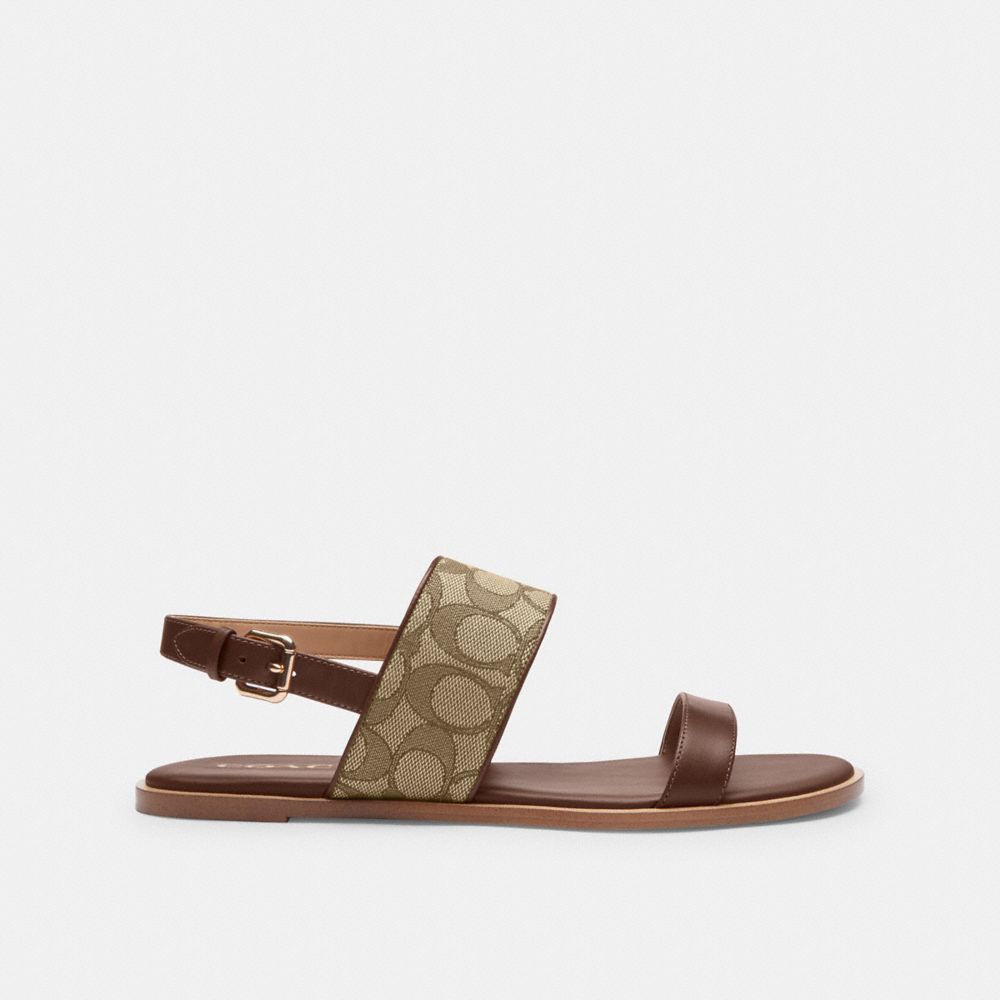 COACH®,HARLEY SANDAL IN SIGNATURE JACQUARD,Khaki/Dark Saddle,Angle View