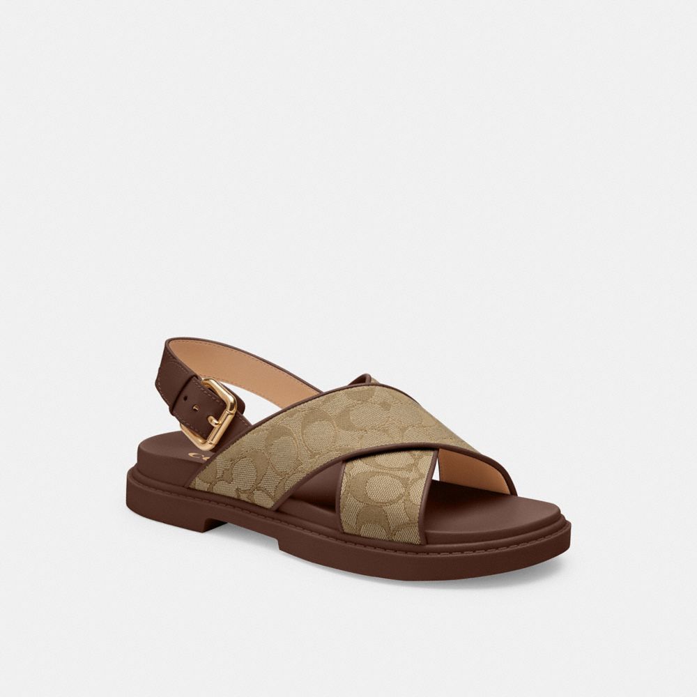 COACH®,FRASER SANDAL IN SIGNATURE JACQUARD,Jacquard,Khaki/Dark Saddle,Front View