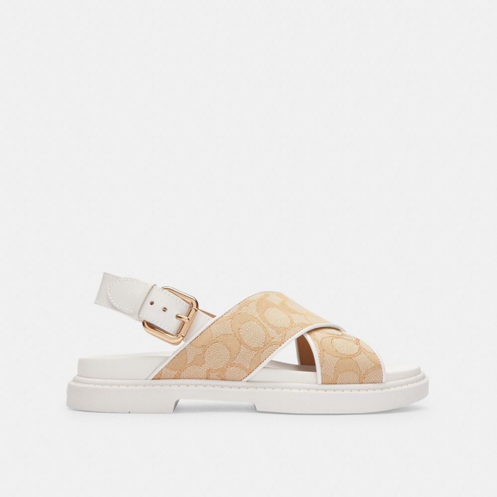 COACH®,Fraser Sandal In Signature Jacquard,Rubber,Leather,Sandals,Piping,Logo,Gold Metal,Casual,Beige,Angle View
