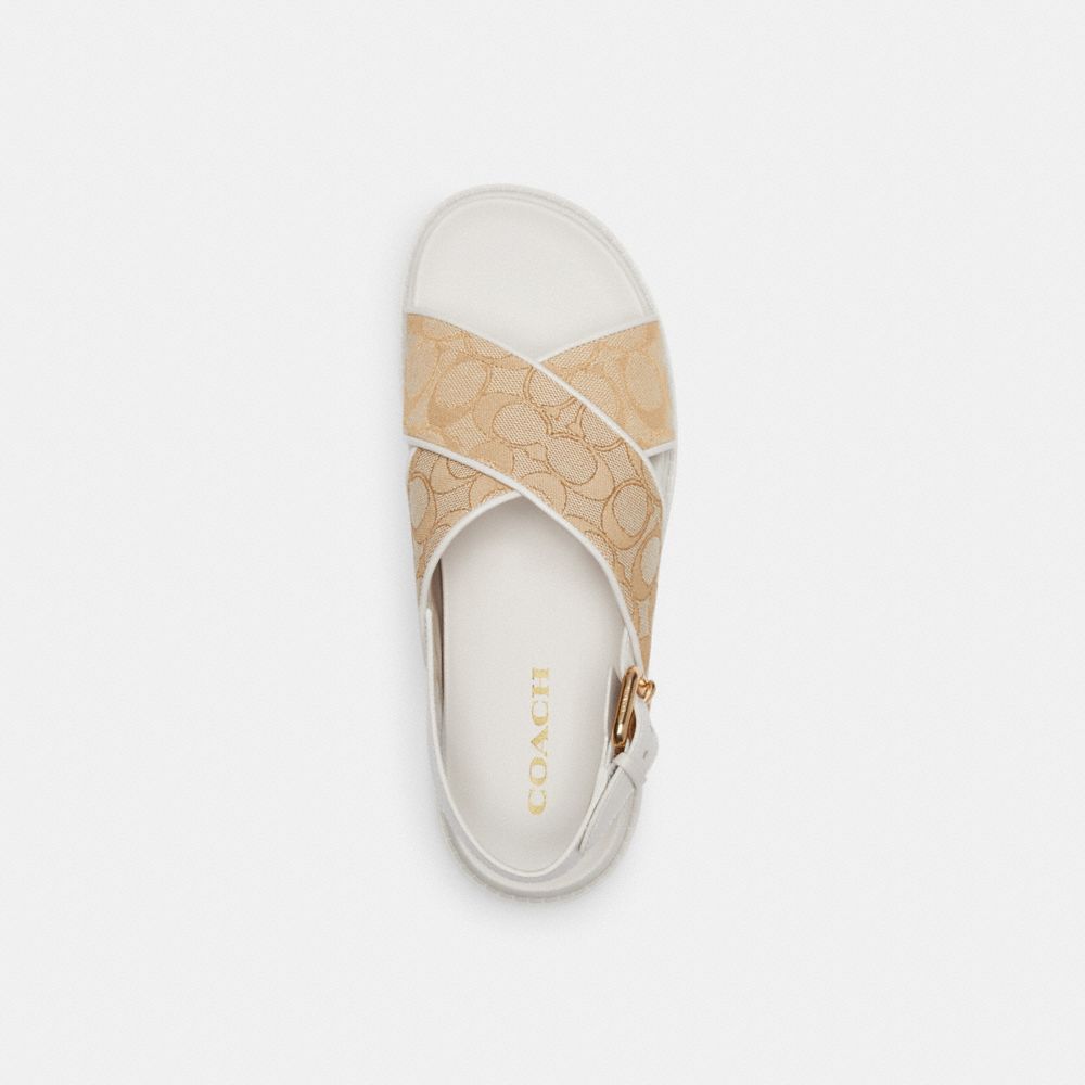 COACH®,Fraser Sandal In Signature Jacquard,Rubber,Leather,Sandals,Piping,Logo,Gold Metal,Casual,Beige,Inside View,Top View