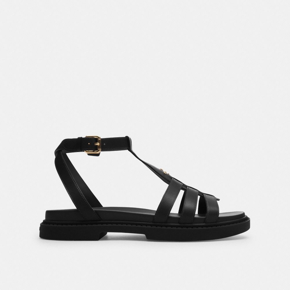 COACH®,Franny Sandal,Sandals,Logo,Silver Metal,Casual,Black,Angle View