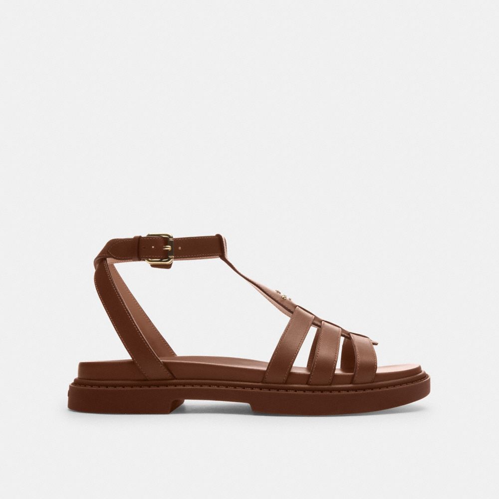 COACH®,FRANNY SANDAL,Leather,Dark Saddle,Angle View