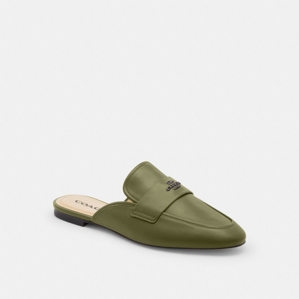 COACH®,Samie Slide,Rubber,Leather,Loafer,Mules,Shoe Straps,Logo,Side Vents,Casual,Olive,Front View