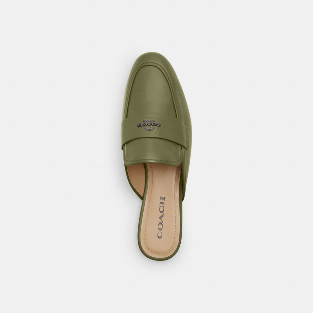 COACH®,Samie Slide,Rubber,Leather,Mules,Loafer,Logo,Shoe Straps,Side Vents,Casual,Olive,Inside View,Top View