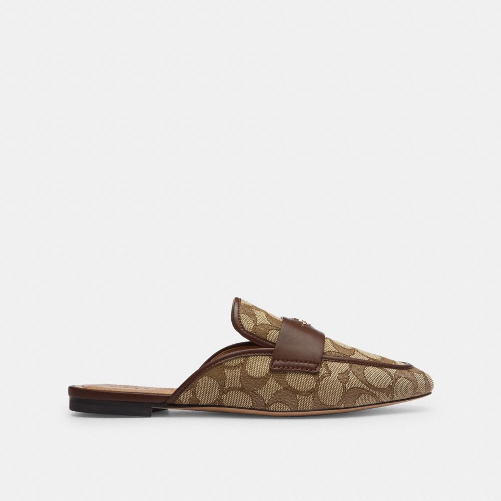 COACH®,SAMIE SLIDE IN SIGNATURE JACQUARD,Khaki/Dark Saddle,Angle View