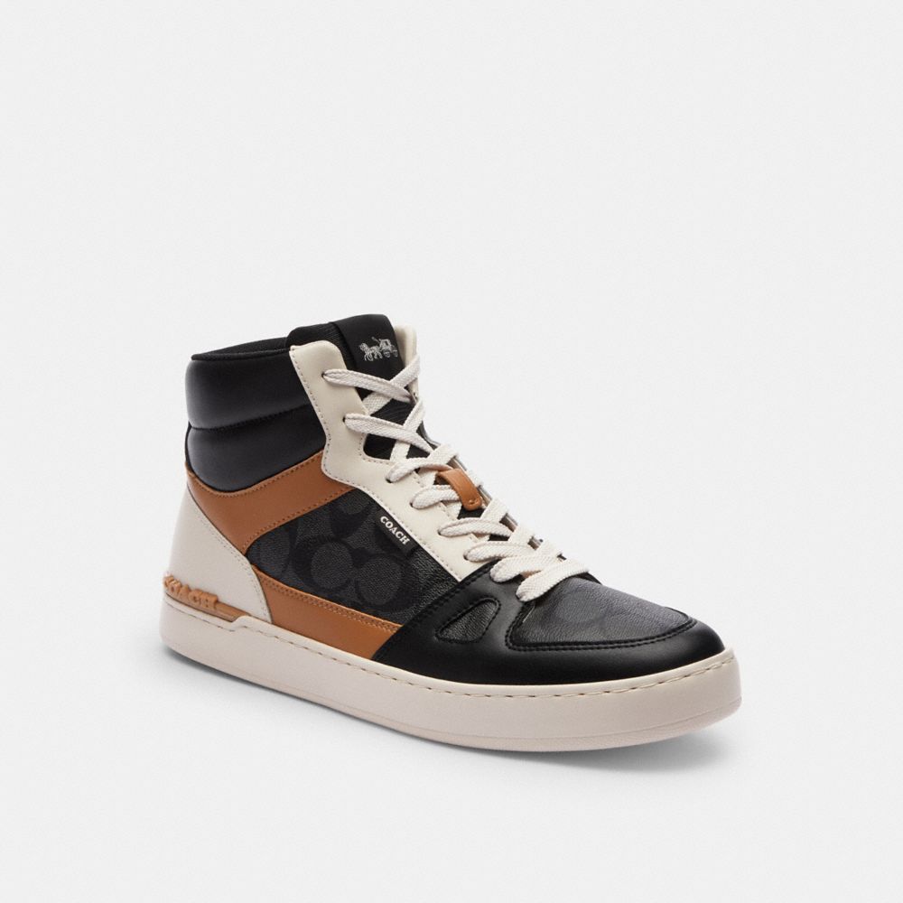 COACH®,CLIP COURT HIGH TOP SNEAKER IN SIGNATURE CANVAS,mixedmaterial,Light Saddle/Charcoal,Front View