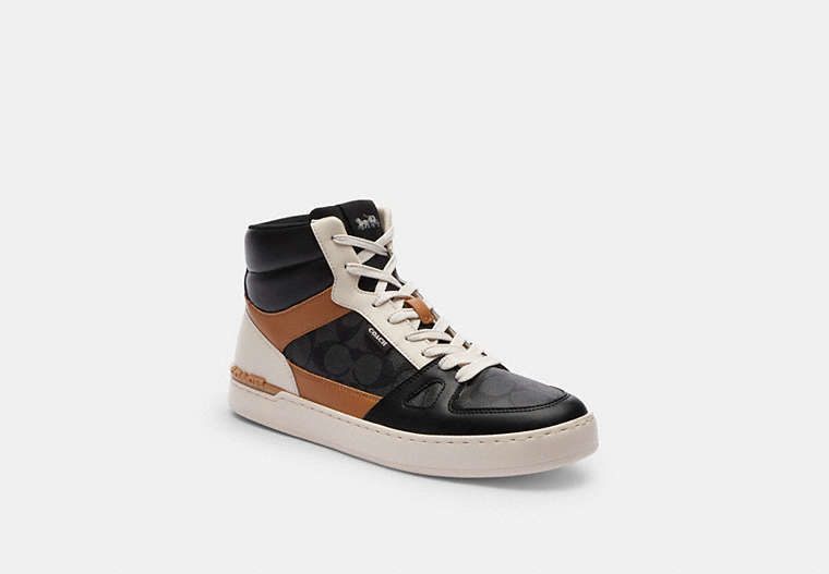 COACH®,CLIP COURT HIGH TOP SNEAKER IN SIGNATURE CANVAS,mixedmaterial,Light Saddle/Charcoal,Front View