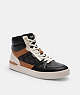 COACH®,CLIP COURT HIGH TOP SNEAKER IN SIGNATURE CANVAS,mixedmaterial,Light Saddle/Charcoal,Front View