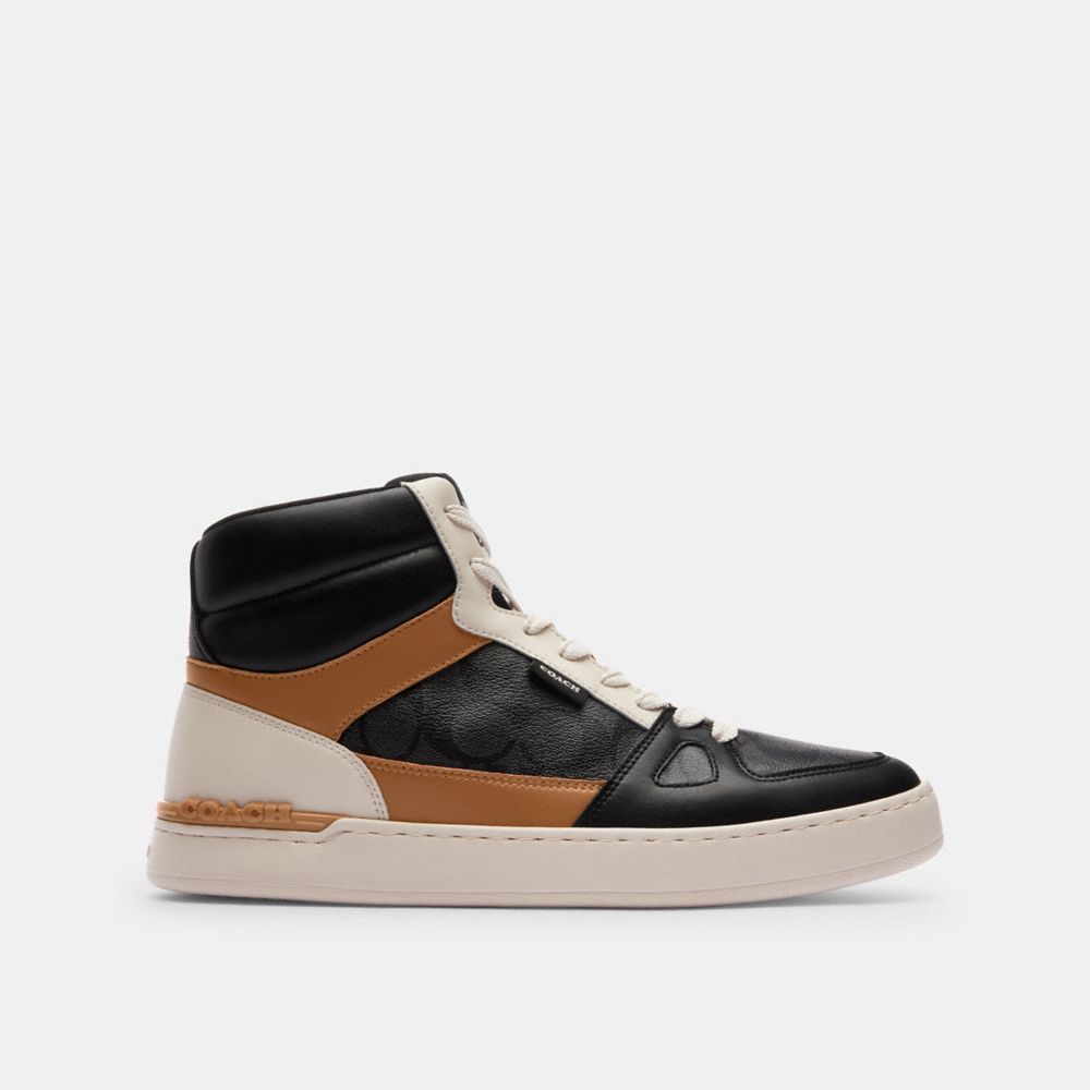 COACH®,CLIP COURT HIGH TOP SNEAKER IN SIGNATURE CANVAS,mixedmaterial,Light Saddle/Charcoal,Angle View