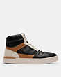 COACH®,CLIP COURT HIGH TOP SNEAKER IN SIGNATURE CANVAS,mixedmaterial,Light Saddle/Charcoal,Angle View
