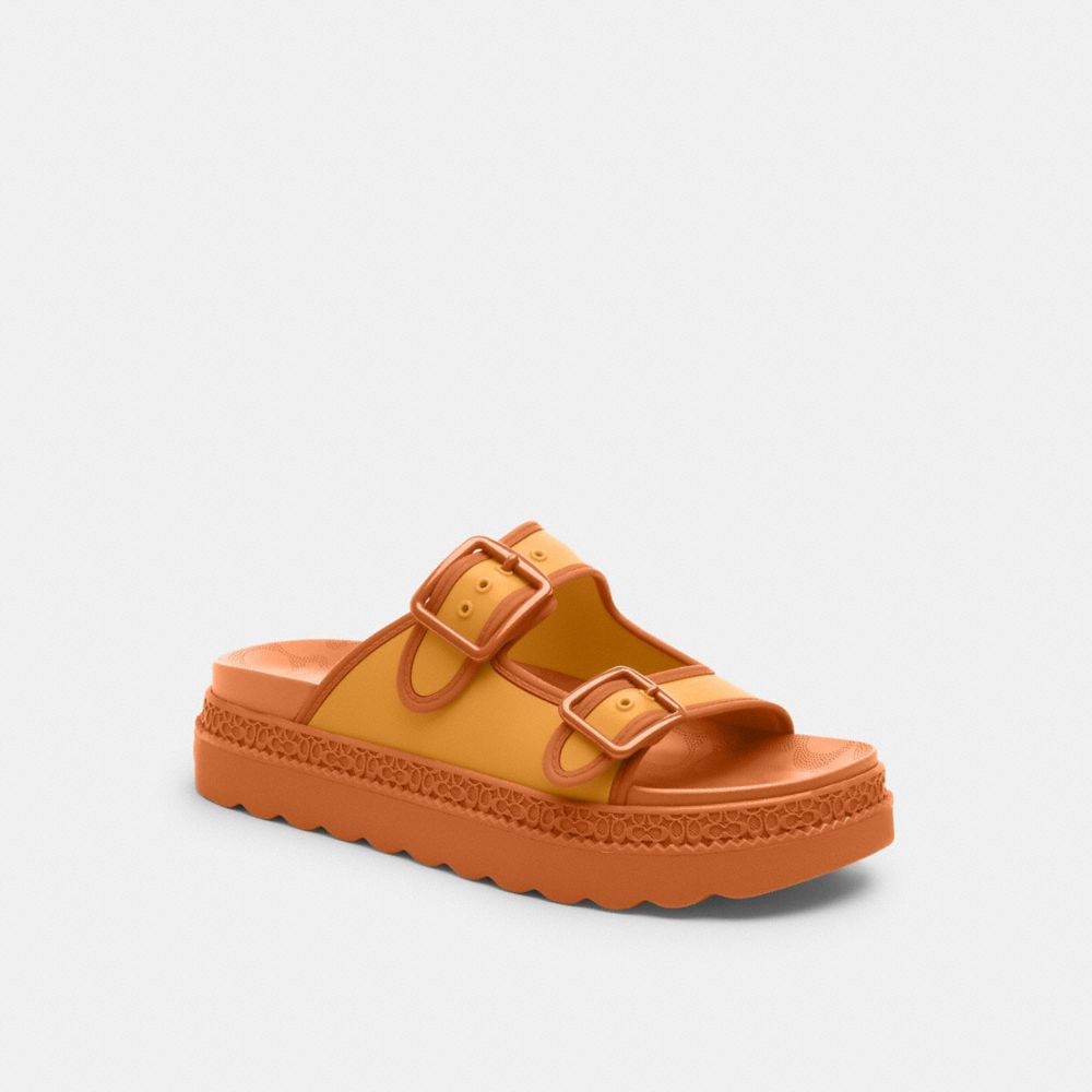 COACH®,Lainey Sandal,Lining Leather,Rubber,EVA,Slides,Belt,Casual,Mustard,Front View