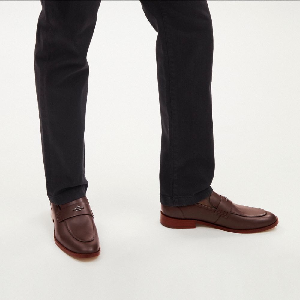 COACH®,Damien Loafer,Leather,Rubber,Loafer,Logo,Shoe Straps,Side Vents,Work,Brown,Detail View