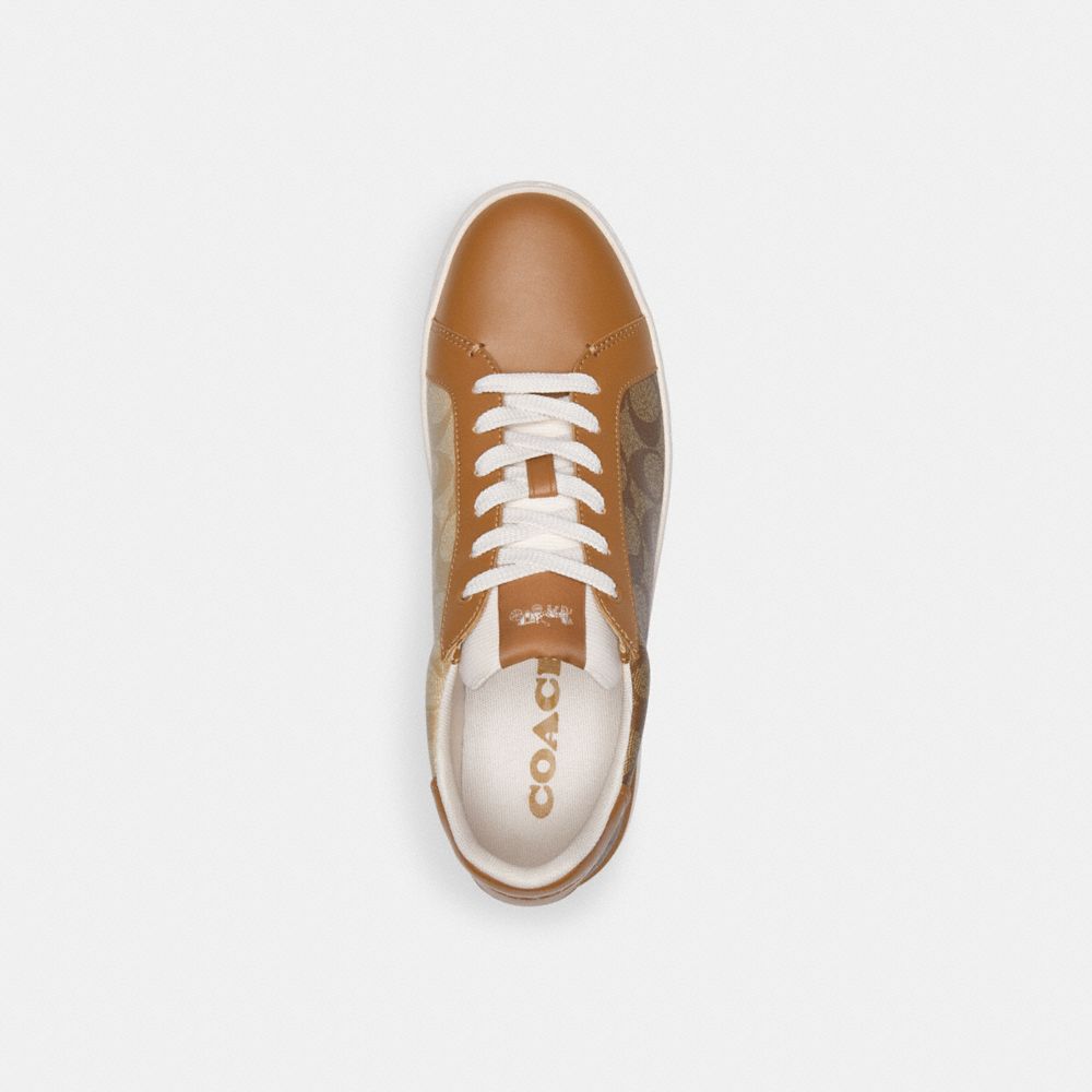 COACH®,Clip Low Top Sneaker In Signature Canvas,Canvas,Leather,Rubber,Casual,Fabric,Color Block,Casual,Brown,Inside View,Top View