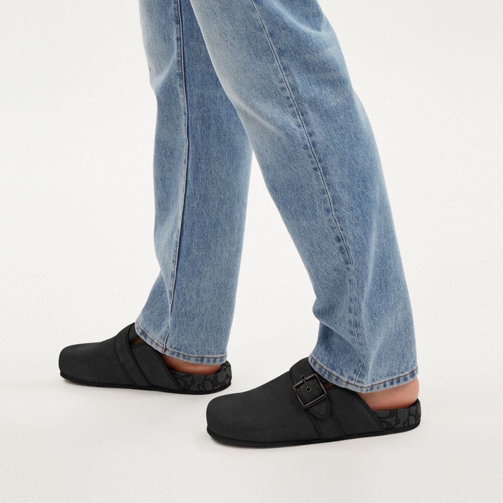COACH®,Benjamin Clog,Leather,Cotton,Mules,Belt,Leather Embellishment,Casual,Black,Detail View