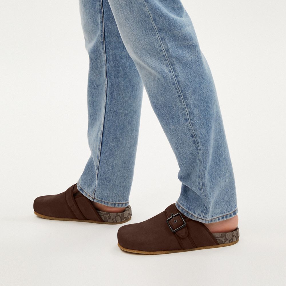 COACH®,Benjamin Clog,Leather,Cotton,Mules,Belt,Leather Embellishment,Casual,Brown,Detail View