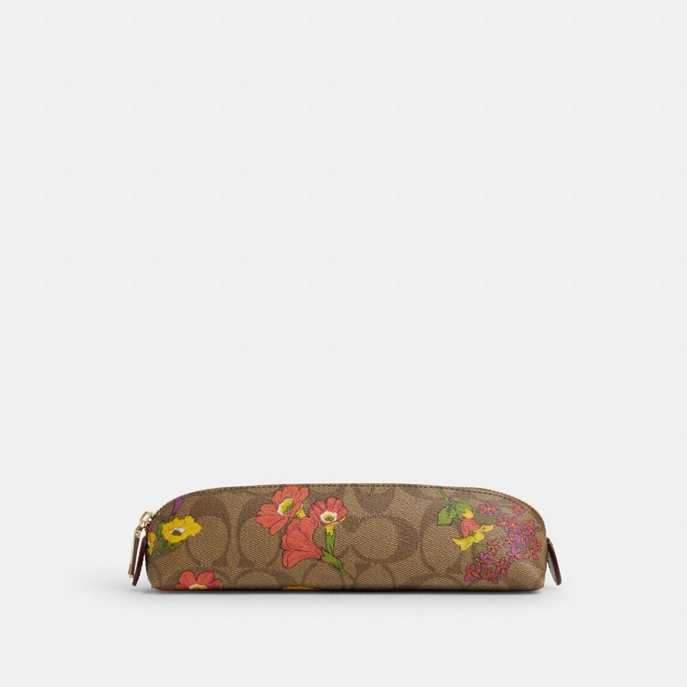 COACH®,PENCIL CASE IN SIGNATURE CANVAS WITH FLORAL PRINT,Mini,Gold/Khaki Multi,Front View