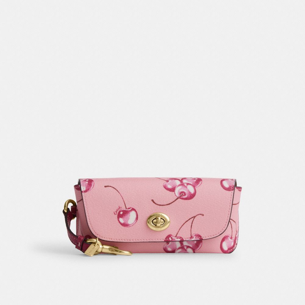 COACH®,SUNGLASS CASE WITH CHERRY PRINT,Mini,Im/Flower Pink/Bright Violet,Front View