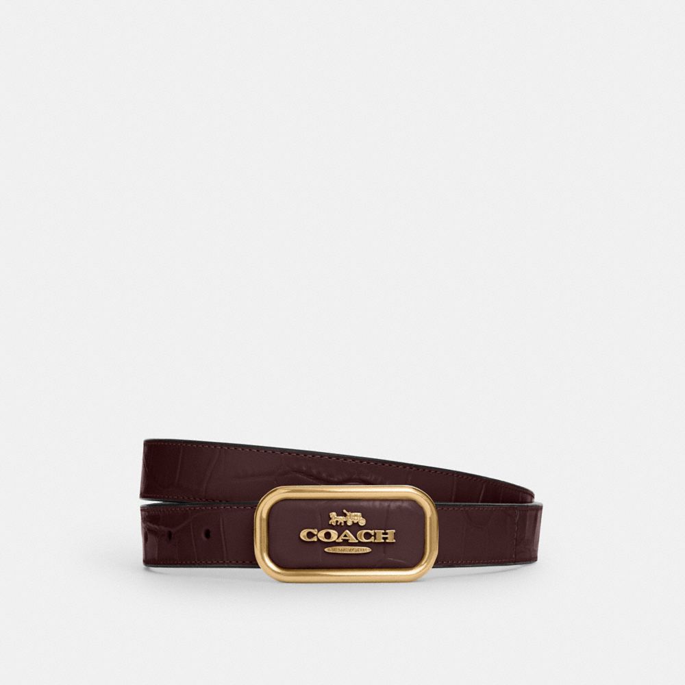 COACH®,Signature Buckle Cut To Size Morgan Belt, 25 Mm,Leather,Standard,Logo,Reversible,Gold Metal,Day Party,Brown,Front View