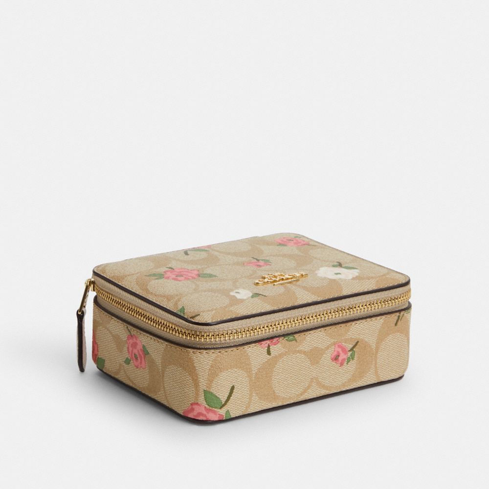 COACH®,LARGE JEWELRY BOX IN SIGNATURE CANVAS WITH FLORAL PRINT,Mini,Gold/Light Khaki Chalk Multi,Front View