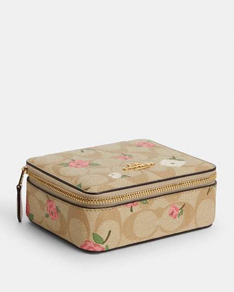 COACH®,LARGE JEWELRY BOX IN SIGNATURE CANVAS WITH FLORAL PRINT,pvc,Gold/Light Khaki Chalk Multi,Front View
