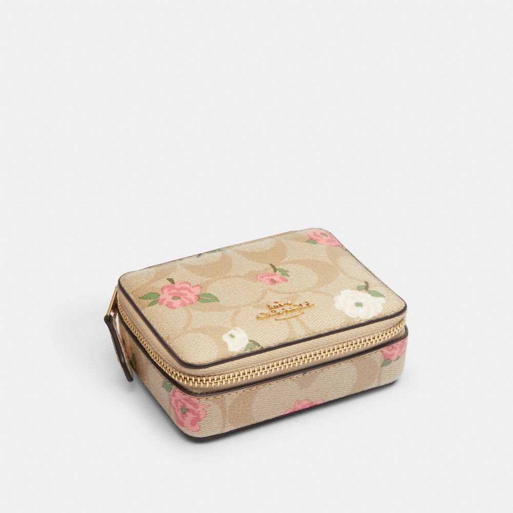 COACH®,Weekly Pill Box In Signature Canvas With Floral Print,Travel Jewelry Case,Brown,Front View