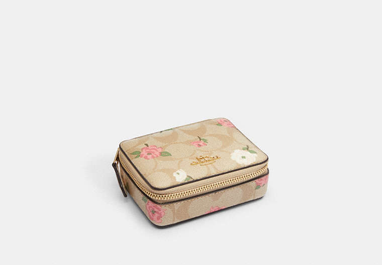 COACH®,WEEKLY PILL BOX IN SIGNATURE CANVAS WITH FLORAL PRINT,pvc,Gold/Light Khaki Chalk Multi,Front View