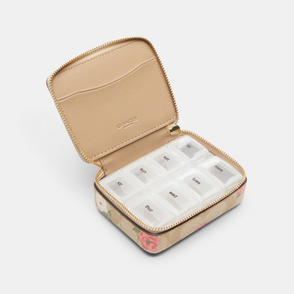 COACH®,Weekly Pill Box In Signature Canvas With Floral Print,Travel Jewelry Case,Brown,Inside View,Top View