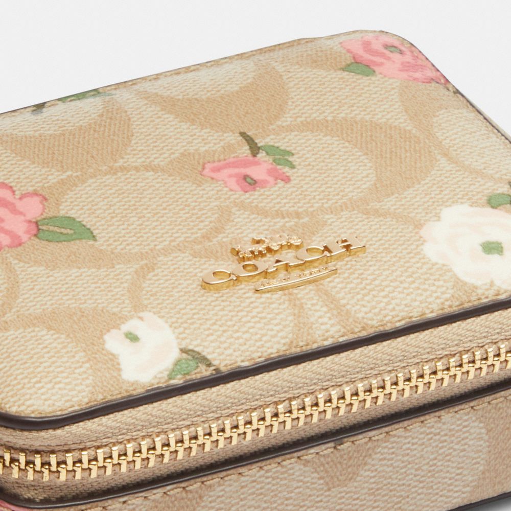COACH®,WEEKLY PILL BOX IN SIGNATURE CANVAS WITH FLORAL PRINT,Mini,Gold/Light Khaki Chalk Multi