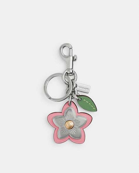 COACH®,WILDFLOWER BAG CHARM,Metal,Silver/Flower Pink Multi,Front View