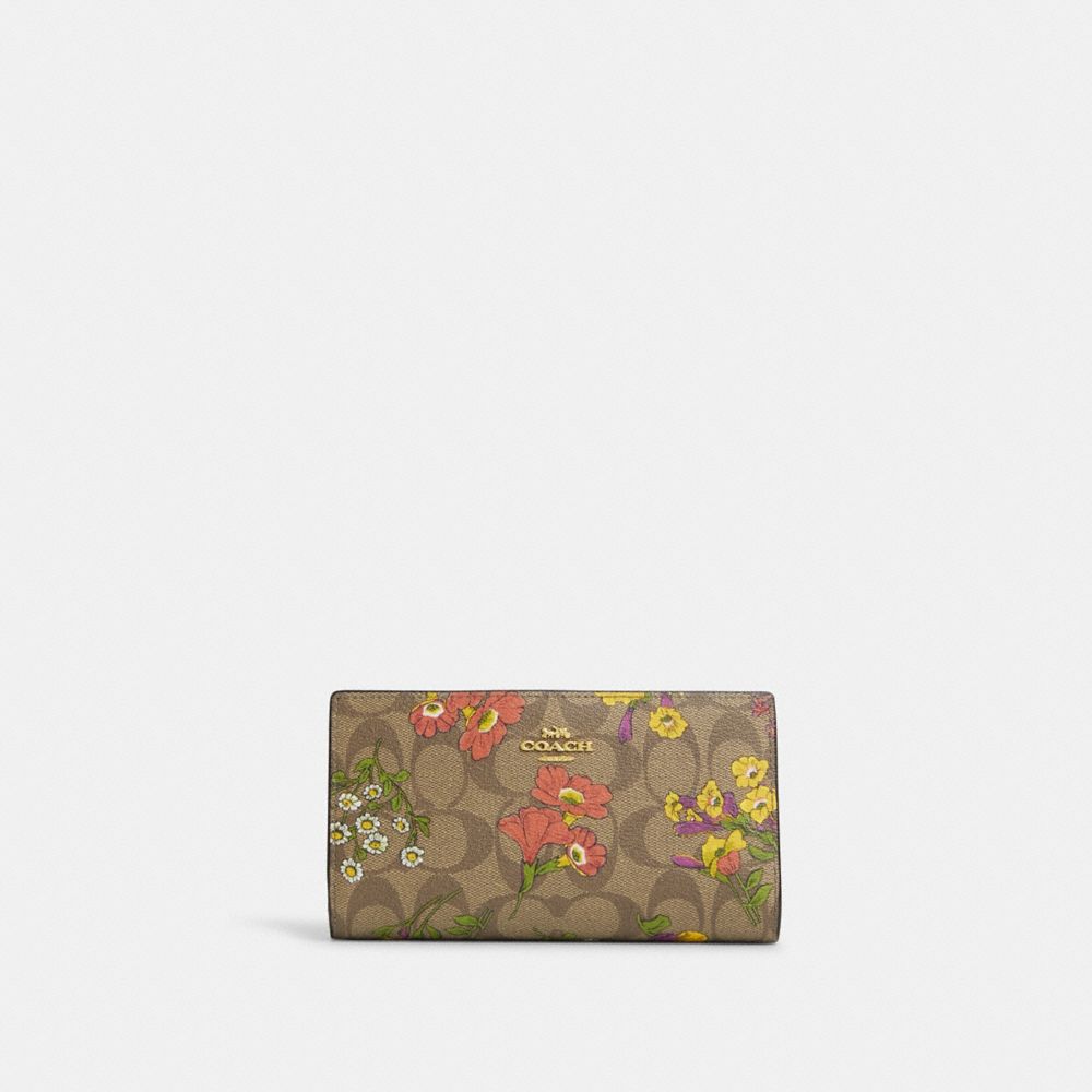 COACH®,SLIM ZIP WALLET IN SIGNATURE CANVAS WITH FLORAL PRINT,pvc,Gold/Khaki Multi,Front View