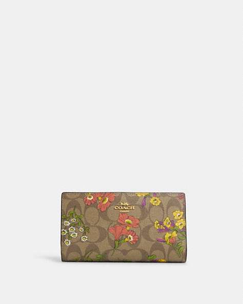 COACH®,SLIM ZIP WALLET IN SIGNATURE CANVAS WITH FLORAL PRINT,pvc,Gold/Khaki Multi,Front View