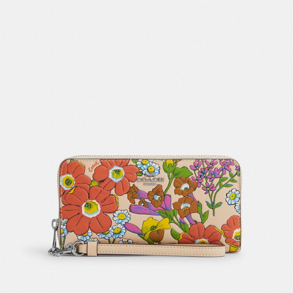 COACH®,PORTEFEUILLE LONG À ZIP-CONTOUR AVEC IMPRIMÉ FLORAL,Cuir,Argent/Ivoire multi,Front View