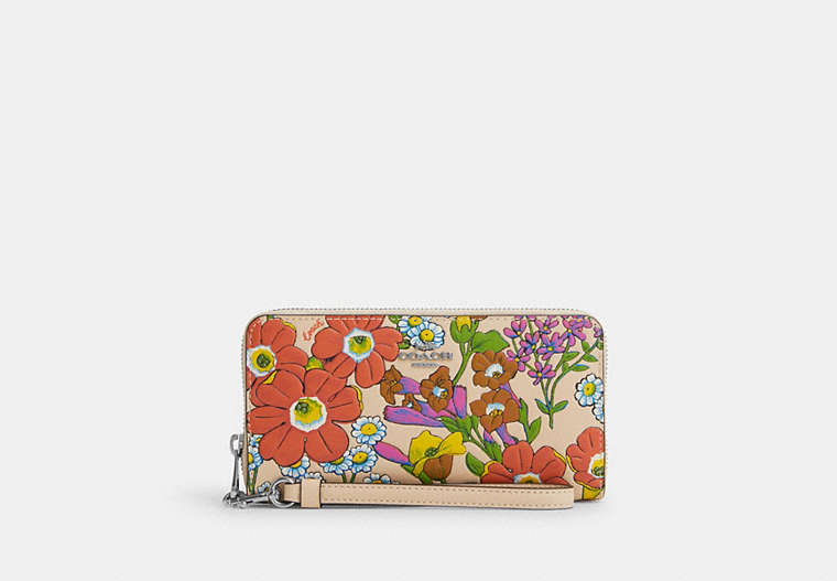 COACH®,LONG ZIP AROUND WALLET WITH FLORAL PRINT,Leather,Mini,Silver/Ivory Multi,Front View