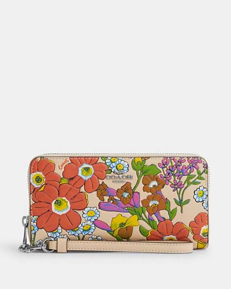 COACH®,LONG ZIP AROUND WALLET WITH FLORAL PRINT,Leather,Silver/Ivory Multi,Front View