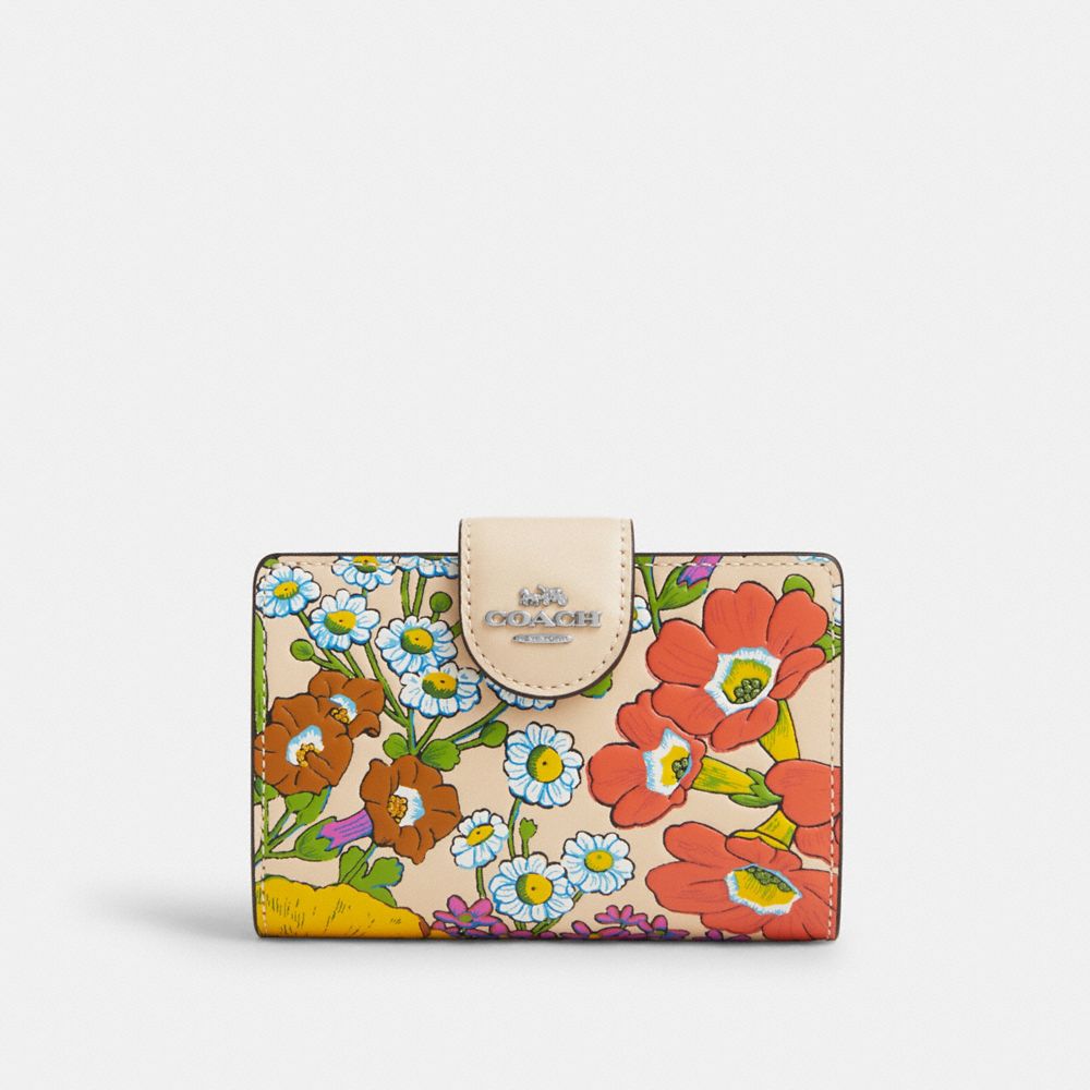 COACH®,MEDIUM CORNER ZIP WALLET WITH FLORAL PRINT,Leather,Mini,Silver/Ivory Multi,Front View