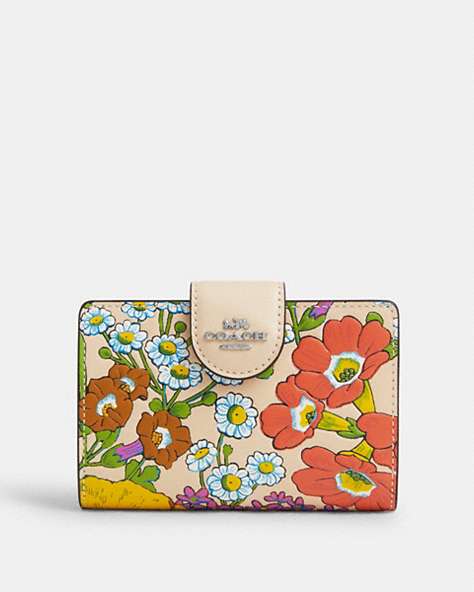COACH®,MEDIUM CORNER ZIP WALLET WITH FLORAL PRINT,Leather,Mini,Silver/Ivory Multi,Front View