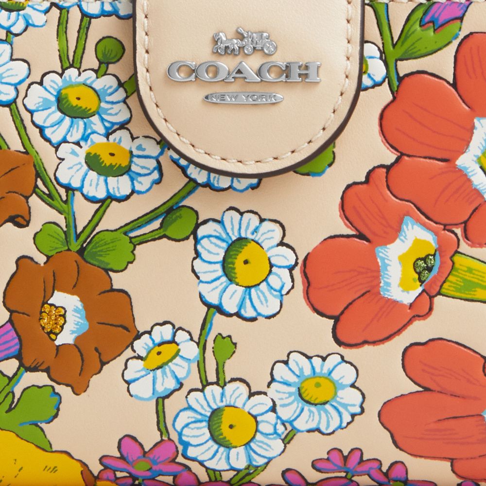 COACH®,MEDIUM CORNER ZIP WALLET WITH FLORAL PRINT,Novelty Leather,Mini,Silver/Ivory Multi
