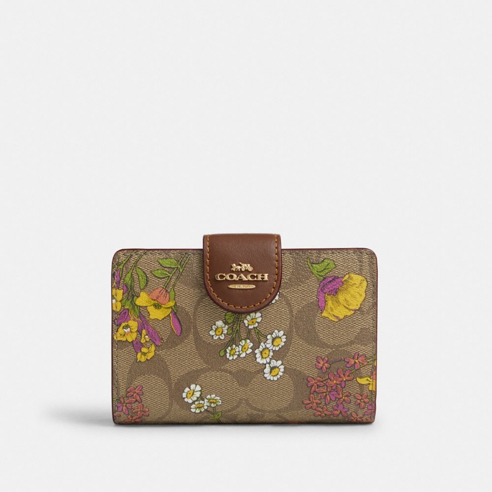 COACH®,MEDIUM CORNER ZIP WALLET IN SIGNATURE CANVAS WITH FLORAL PRINT,Signature Canvas,Mini,Gold/Khaki Multi,Front View