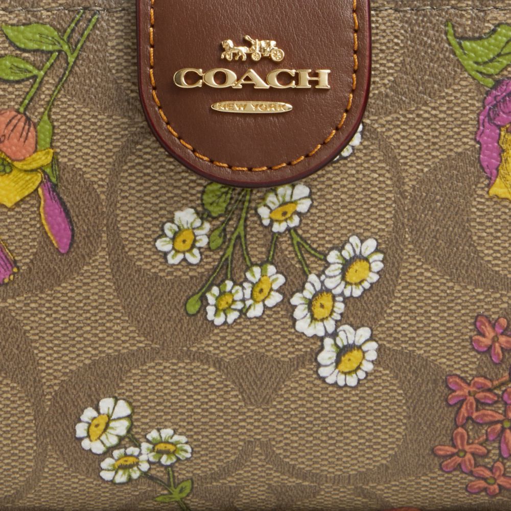 COACH®,MEDIUM CORNER ZIP WALLET IN SIGNATURE CANVAS WITH FLORAL PRINT,Signature Canvas,Mini,Gold/Khaki Multi